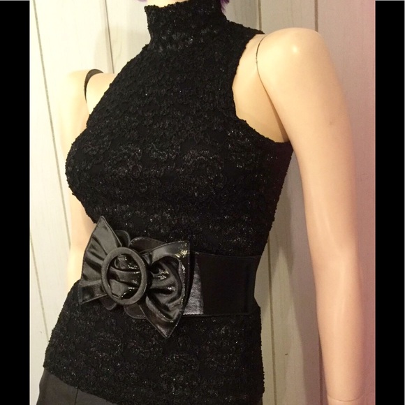 VTG 80s Glittery Black Lace High Collar Shell Top GANTOS - Picture 3 of 8